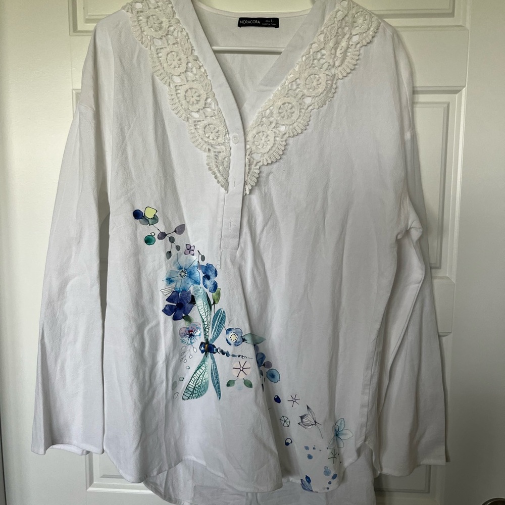 White Embroidered Blouse with Lace Detail